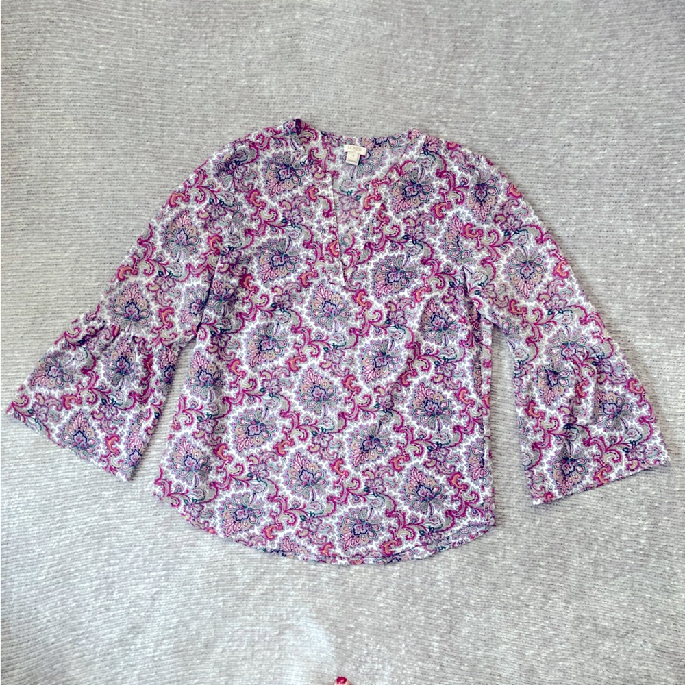 J.Crew Medium Paisley Bell Sleeve Blouse Burgundy Pink Green‎ Floral Boho